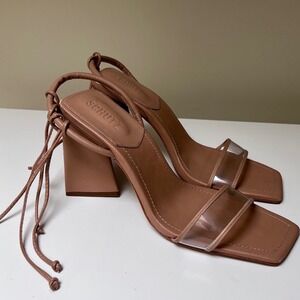Schutz Gianna Block Heel Sandals Beige Leather Clear Strap Lace Up Womens 10.5B